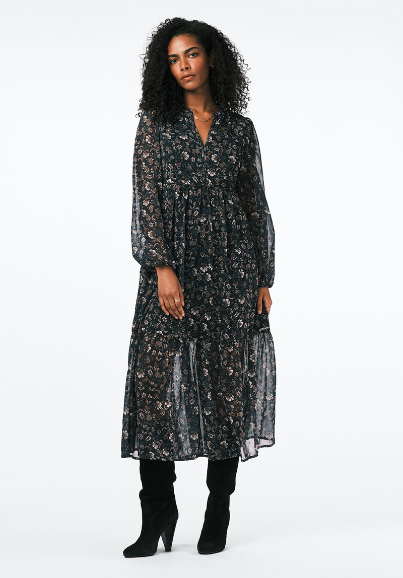 Rheda Women's Sheer Floral Long Sleeve Tiered Midi Dress color VINTAGE FLORAL