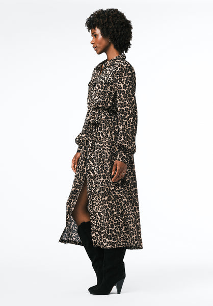 Sunnie Women's Long Sleeve Belted Shirt Dress with Animal Print color LEOPARD