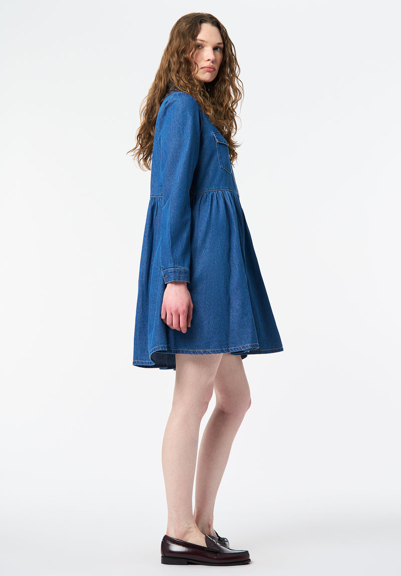 Gracelynn Denim Shirt Dress with Gathered Skirt color TRUE BLUE