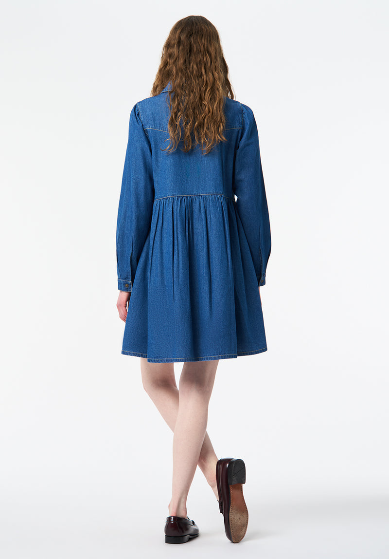 Gracelynn Denim Shirt Dress with Gathered Skirt color TRUE BLUE