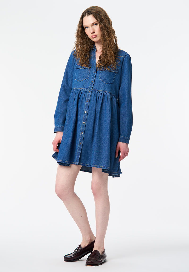 Gracelynn Denim Shirt Dress with Gathered Skirt color TRUE BLUE