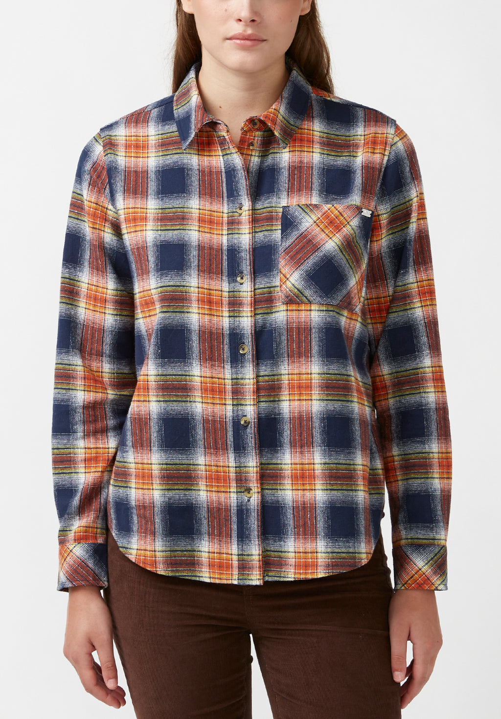 Percy Women s Button Down Shirt in Navy Orange Plaid Buffalo