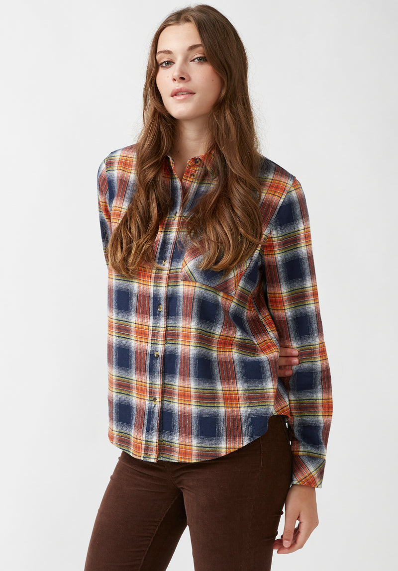 Buffalo David Bitton Percy Navy Orange Plaid Women's Button Down Shirt - WT0072F Color NAVY ORG PLAID