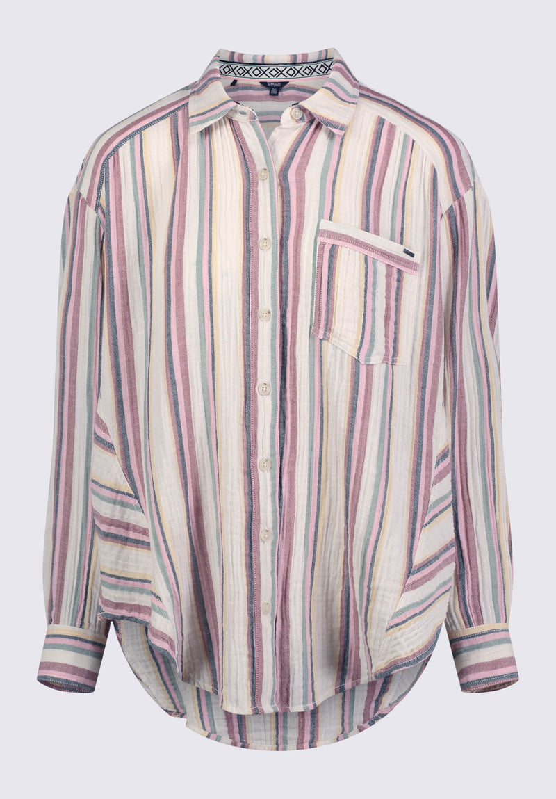 Aija Women’s Long Sleeve Striped Blouse in Beige & Pink - WT0080P