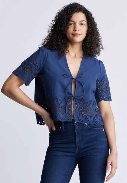 Dolly Women's Short-Sleeve Tie Front Crop Blouse, Navy - WT0104S