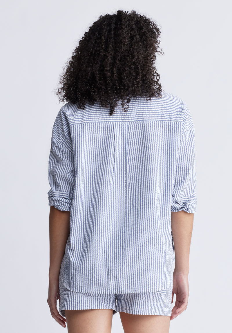 Selea Women's Long Sleeve Seersucker Shirt, Blue - WT0110S