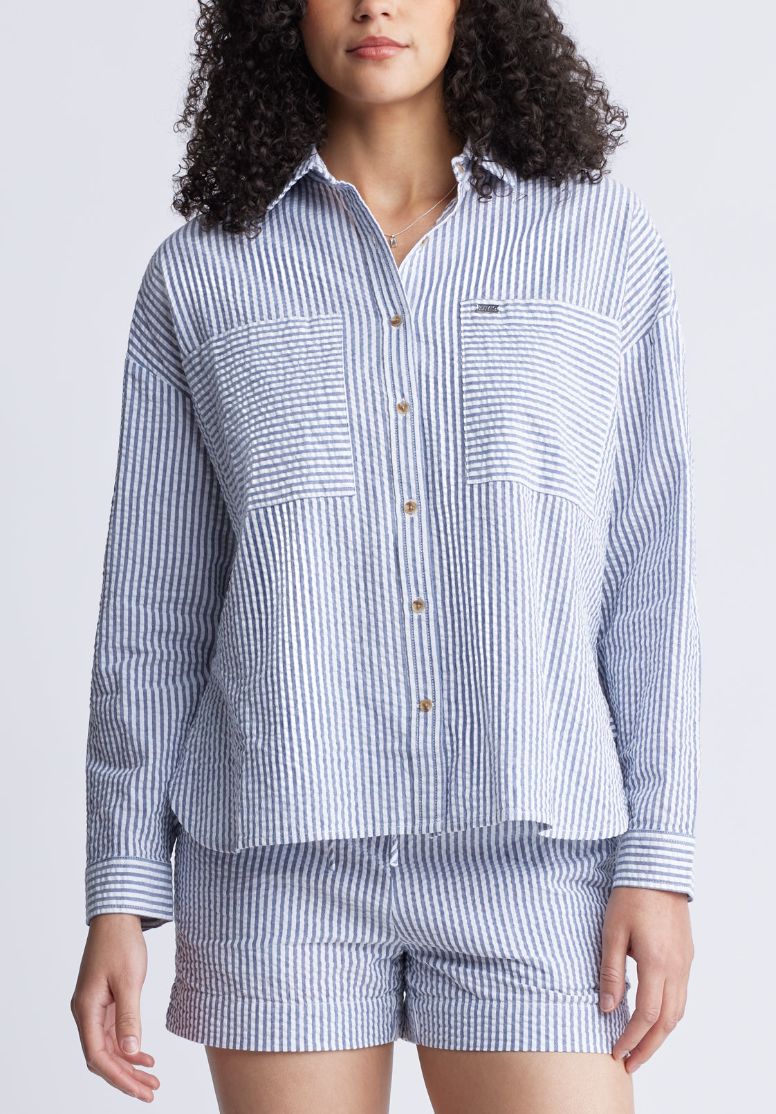 buffalo david bitton Selea Women's Long Sleeve Seersucker Shirt Blue