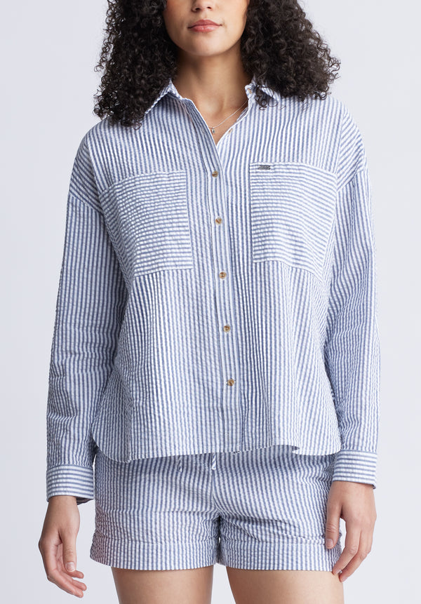 Selea Women's Long Sleeve Seersucker Shirt, Blue - WT0110S