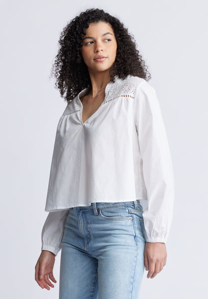 Selyse Women's Eyelet Yoke Split-Neck Blouse, White - WT0117S