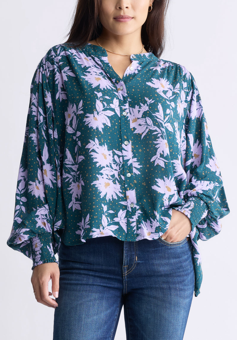 Ottilie Women s Long Sleeved Blouse Green with Purple Floral Buffalo Jeans CA