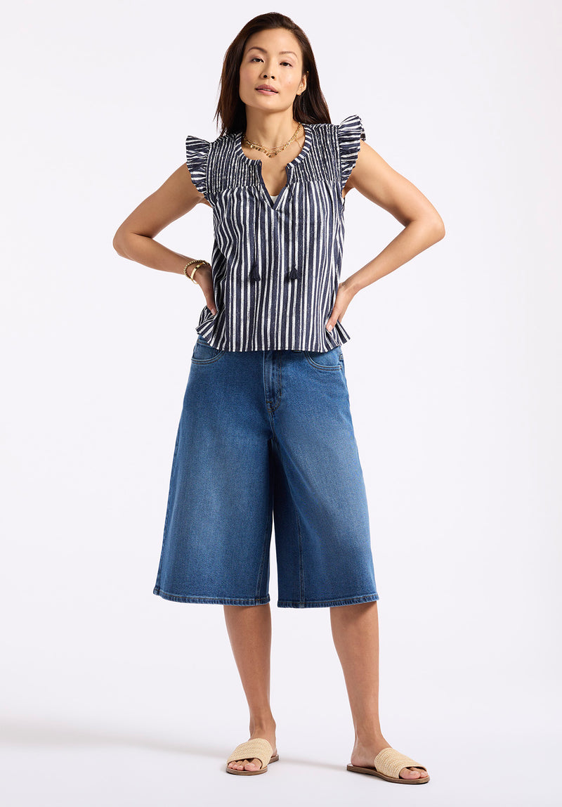 Buffalo David Bitton Alda Women's Striped Flutter-Sleeve Top with Smocked Details color MOOD INDIGO