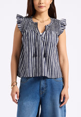 Buffalo David Bitton Alda Women's Striped Flutter-Sleeve Top with Smocked Details color MOOD INDIGO