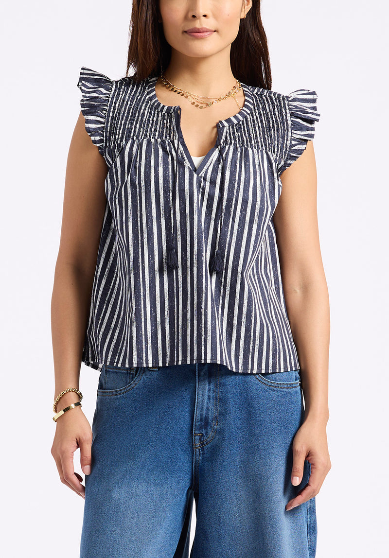 Buffalo David Bitton Alda Women's Striped Flutter-Sleeve Top with Smocked Details color MOOD INDIGO