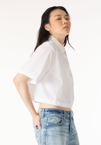 Sorcha Women's Short-Sleeve Cropped Shirt with Embroidered Floral Details, White - WT0158P