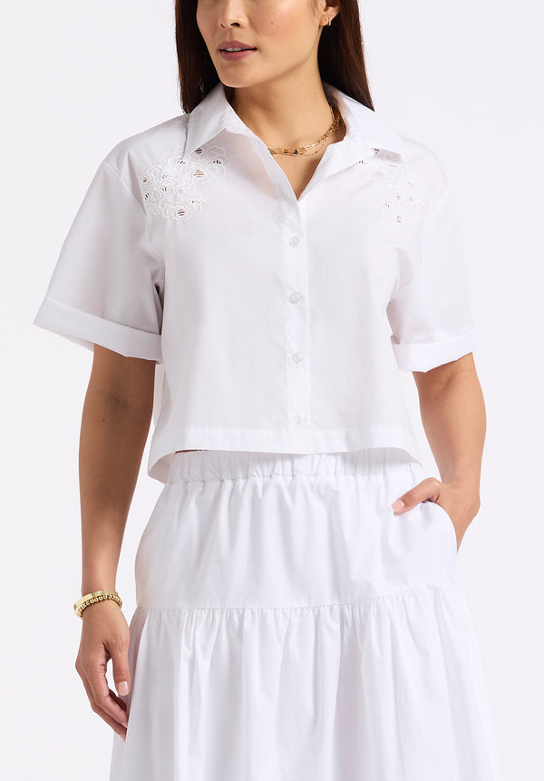 Buffalo David Bitton Sorcha Women's Short-Sleeve Cropped Shirt with Embroidered Floral Details color WHITE