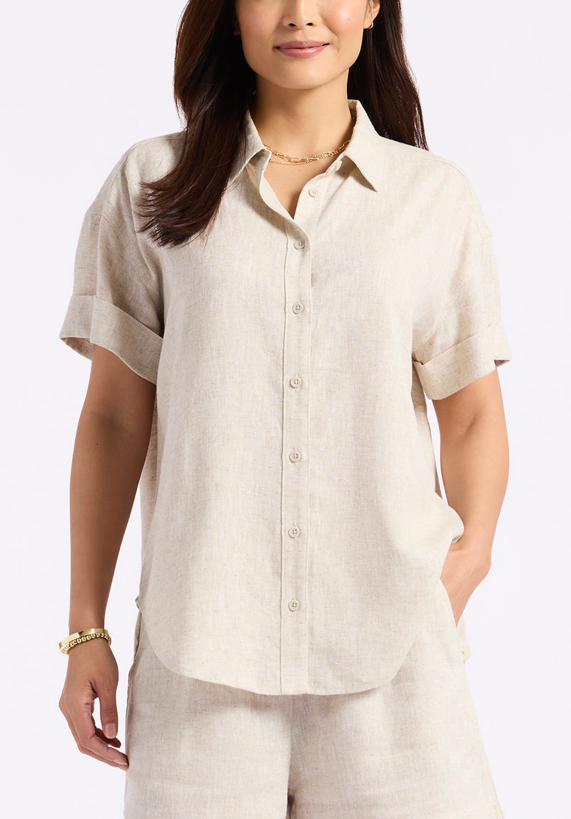 Buffalo David Bitton Solana Women's Linen Short-Sleeve Button-Up Shirt color NATURAL