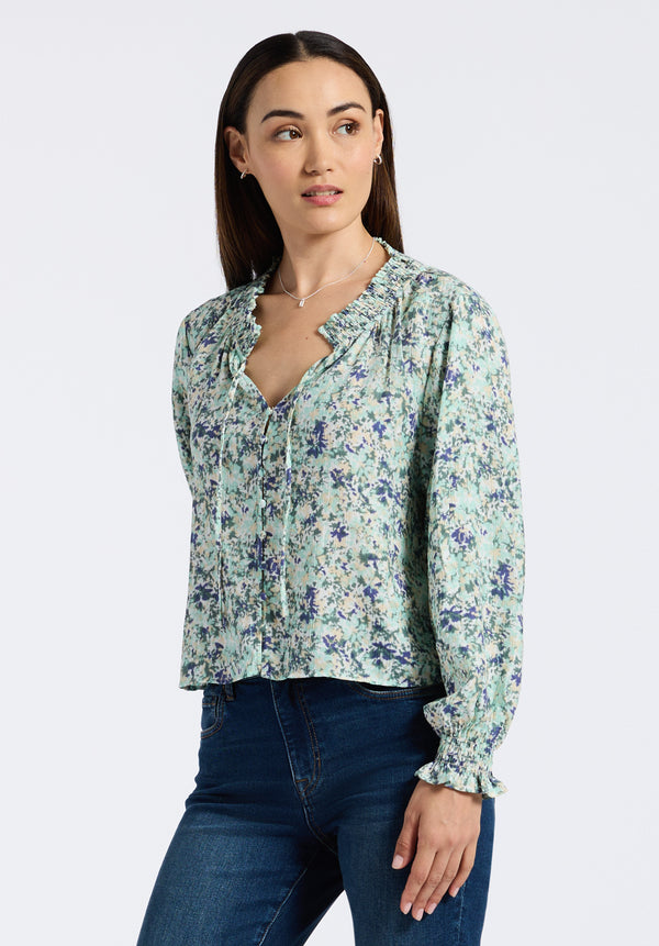 Buffalo David Bitton Maylah Women's Floral Print Long-Sleeve Smocked Blouse color BLURREDFLORALGR