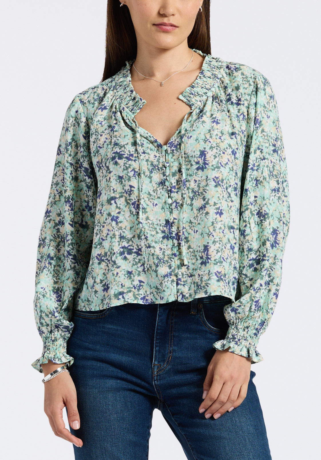 buffalo david bitton Blouse smockée à manches longues et imprimé floral pour femme Maylah imprimé floral vert