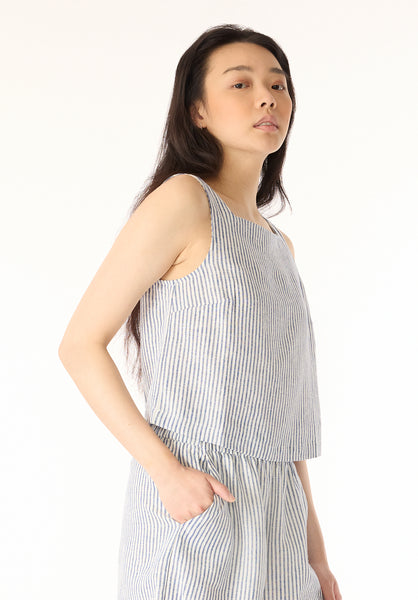 Benedita Women's Striped Sleeveless Linen Top, White & Navy - WT0198P