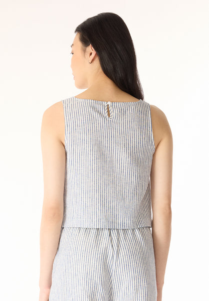 Benedita Women's Sleeveless Striped Linen Top, Navy - WT0198P