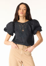 Leonella Women's Puff Sleeve Embroidered Blouse, Black - WT0204P