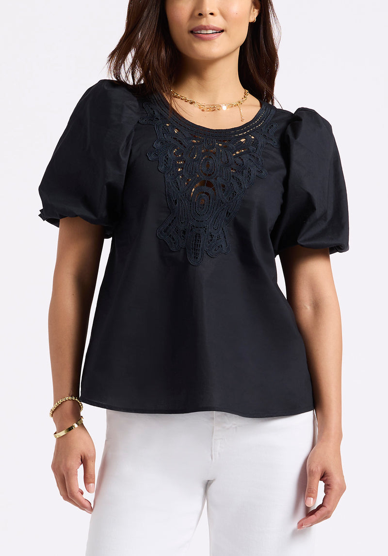 Buffalo David Bitton Leonella Women's Puff Sleeve Embroidered Blouse color BLACK