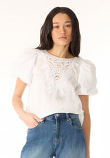Leonella Women's Puff Sleeve Embroidered Blouse, White - WT0204P