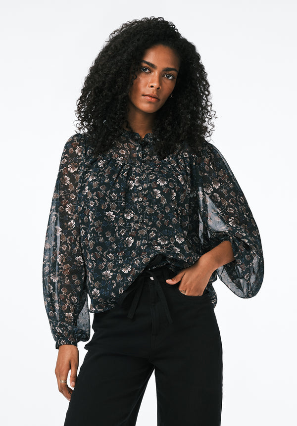 Clara Anne Women's Sheer Floral Button-Front Blouse color VINTAGE FLORAL