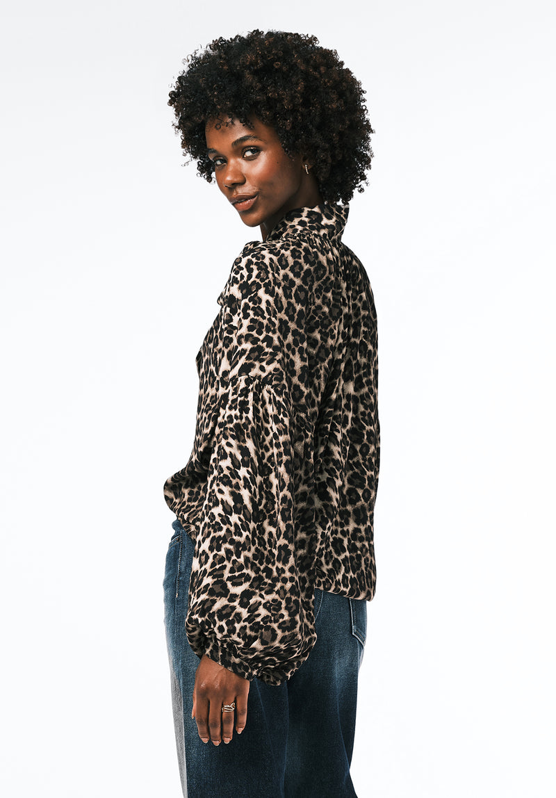 Carissa Women's Printed Blouse with Bow Neck and Voluminous Sleeves color LEOPARD