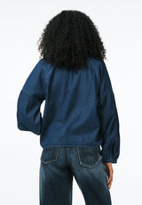 Carissa Women's Denim Blouse with Bow Neck and Voluminous Sleeves color DARK DENIM