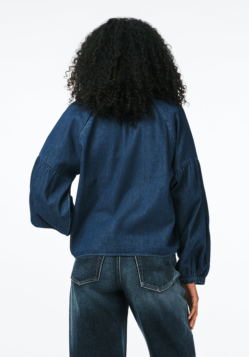 Carissa Women's Denim Blouse with Bow Neck and Voluminous Sleeves color DARK DENIM
