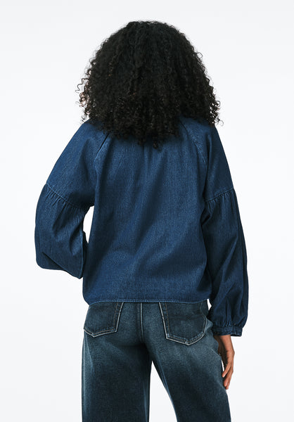 Carissa Women's Denim Blouse with Bow Neck and Voluminous Sleeves color DARK DENIM