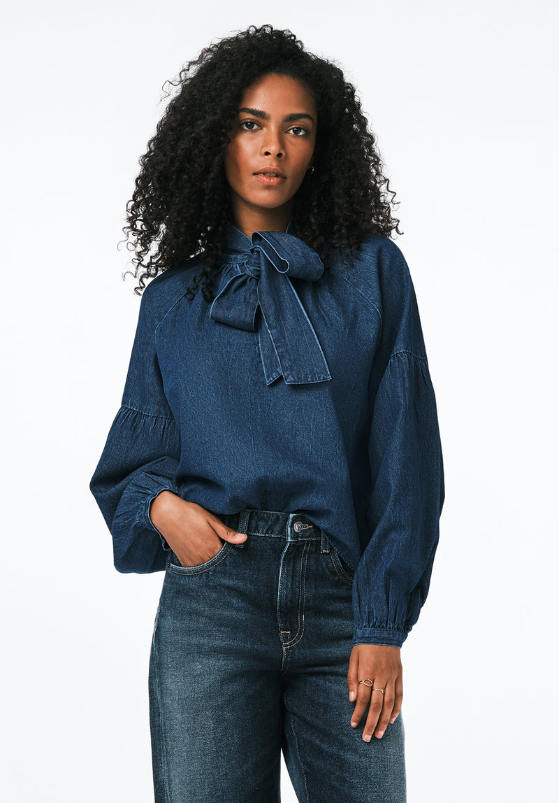 Carissa Women's Denim Blouse with Bow Neck and Voluminous Sleeves color DARK DENIM