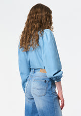 Lowen Women's Ruffled Tie-Neck Denim Blouse color TRUE BLUE