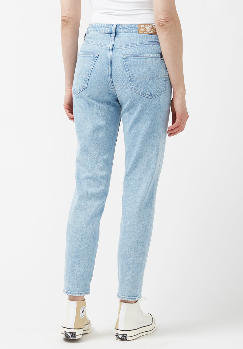 Margot Women s Mom Jeans in Creased and Veined Light Blue